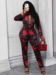 Lureya Women's Hollow Out Design Long Sleeve Flare Pants, High Waist Fitted Cut, Red & Black Abstract Print Textured Stretchy Fabric, Bodysuit Style, Suitable For Street, Casual, Home, Travel, Date, Night Party - Multicolor - View 5