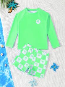 两件套男童泳衣套装，沙滩度假分体泳衣 - 綠色 - 查看 3