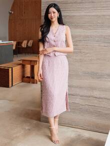 DAZY Women's Elegant Textured V-Neck Faux Pocket Camisole And Skirt 2-Piece Set, Summer - Pink - View 3