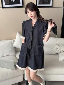 DAZY Gaun Denim Washed Leher V Warna Kontras Retro untuk Wanita, Cocok untuk Sekolah - Biru - View 6