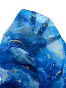 女婴斋月假日风星月印花V领荷叶袖蕾丝拼接宽松连衣裙，春夏秋季款 - 藍色 - 查看 8