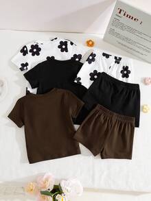 SHEIN 6pcs/Set Baby Girls Newborn Toddler 0-3 Years Spring Summer New Cute Bunny Solid & Striped T-Shirt Shorts Outfit Set - Black - View 2