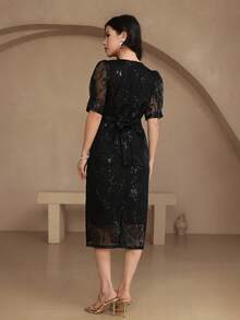 DAZY Đầm midi ren thêu cao cấp, đầm dự tiệc mùa hè thanh lịch kiểu Pháp cổ tròn xẻ tà dành cho nữ. - màu đen - Xem 2