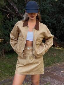 Livesso Women's Casual Denim Patchwork Collared Top And Skirt Set - Khaki - View 3