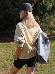 Livesso Women's Casual Jacket With Collar And Contrast Panels - Khaki - View 2