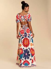 Travachic 女士印花方领镂空休闲度假长袖连衣裙 - 彩色 - 查看 2