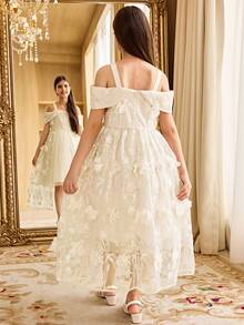 SHEIN Đầm lưới hở vai họa tiết hoa 3D cho bé gái tuổi teen, màu trắng ngà, thích hợp cho các dịp lễ hội và tiệc tùng. - Màu be - Xem 5