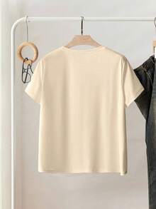 Resyla 女士标准尺码蝴蝶结串珠刺绣圆领短袖休闲T恤 - 杏色 - 查看 2