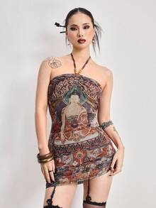 ROMWE Avant 中国风佛像印花串珠项链设计迷你连衣裙女装 - 彩色 - 查看 5