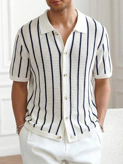 Manfinity Homme Men's Casual Vacation Striped Print Pointelle Knit Short Sleeve Sweater ,Casual/Commute/Vacation/Cool Dad Style, Spring/Summer Men Crochet Shirt Men Resort Wear Men Stripe Shirt Knitted Men Shirt Mens Summer Clothes