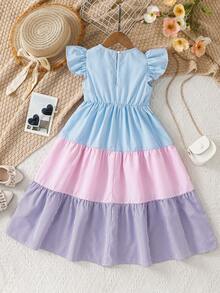 SHEIN Young Girl Woven Striped Contrast Color Round Neck Ruffle Hem Casual Dress - Multicolor - View 3