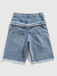 ROMWE MEN Street Life Quần short denim dáng rộng dành cho nam có cạp chun đính kim cương lấp lánh - Màu xanh nhạt - Xem 2