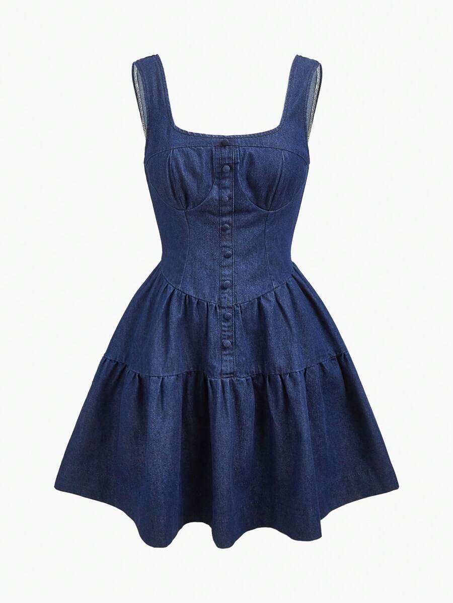 SHEIN MOD Women's Navy Off Shoulder Cinched Waist Denim Skater Dress, Suitable For Dates And Valentine's Day - Dark Wash - View 1