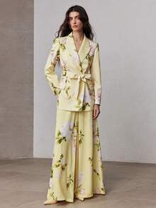ZEYLAH Floral Print Cinched Waist Fitted Blazer Jacket, Spring - Light Yellow - View 5