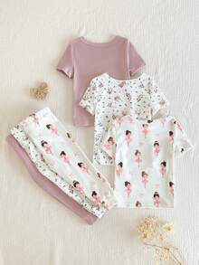 6件套女婴紧身连体睡衣套装，简约时尚碎花短袖柔软舒适睡衣套装 - 彩色 - 查看 2