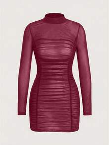 SHEIN ICON 时尚性感透视网纱褶皱紧身迷你连衣裙 - 中紫紅色 - 查看 6