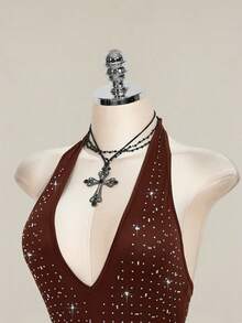 SHEIN ICON Rhinestone Halter Backless Bodysuit, Sexy Tight Fit Sleeveless For Women - Brown - View 4