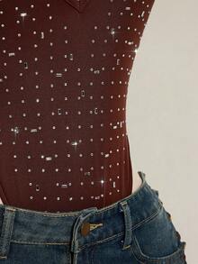 SHEIN ICON Rhinestone Halter Backless Bodysuit, Sexy Tight Fit Sleeveless For Women - Brown - View 7