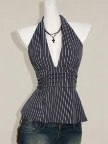 SHEIN ICON Halter Deep V-Neck Cinched Waist A-Line Backless Striped Tank Top - Grey - View 5