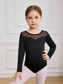 女童专业芭蕾舞长袖紧身衣，经典黑色长袖基础款，网纱拼接，高弹力，适合幼儿和年轻女孩舞蹈服，纯色基础款，适合舞蹈课 - 黑色 - 查看 3