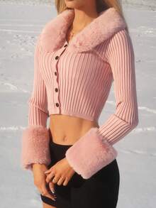 Sydney Algeri Cárdigan de punto acanalado con ribete de peluche y botones delanteros, blusas de manga larga para otoño/invierno - Rosa - Ver 6
