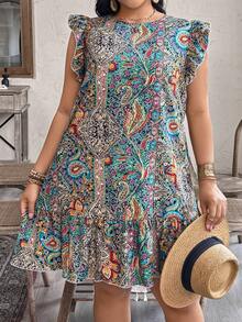 Weeklong 大码女式碎花荷叶袖宽松休闲夏季度假连衣裙 - 綠色 - 查看 6