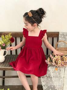 LMoss Kids Vestido casual de niña con cuello cuadrado, volantes en el bajo y unicolor tejido - Rojo - Ver 6
