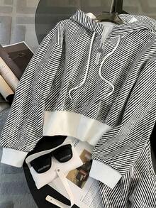 Franclia 常规款落肩连帽半拉链长袖卫衣 + 休闲抽绳裤 - 黑與白 - 查看 3