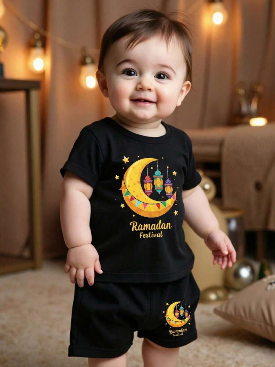 Moon And Lantern Pattern,Round Neck Short Sleeve Outfit For Birthday,Parties,Festivals - Black - View 1
