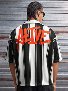 Áo Polo nam tay ngắn AXEPEAK phong cách thường ngày, thời trang đường phố, in chữ và sọc. - Đen và trắng - Xem 3