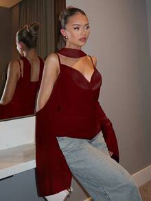 Glamine Charm Choker Neck Cold Shoulder Draped Front Ruched Top Fall Women Clothes Back To School - Burgundy - View 3