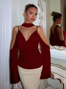 Glamine Charm Choker Neck Cold Shoulder Draped Front Ruched Top Fall Women Clothes Back To School - Burgundy - View 5