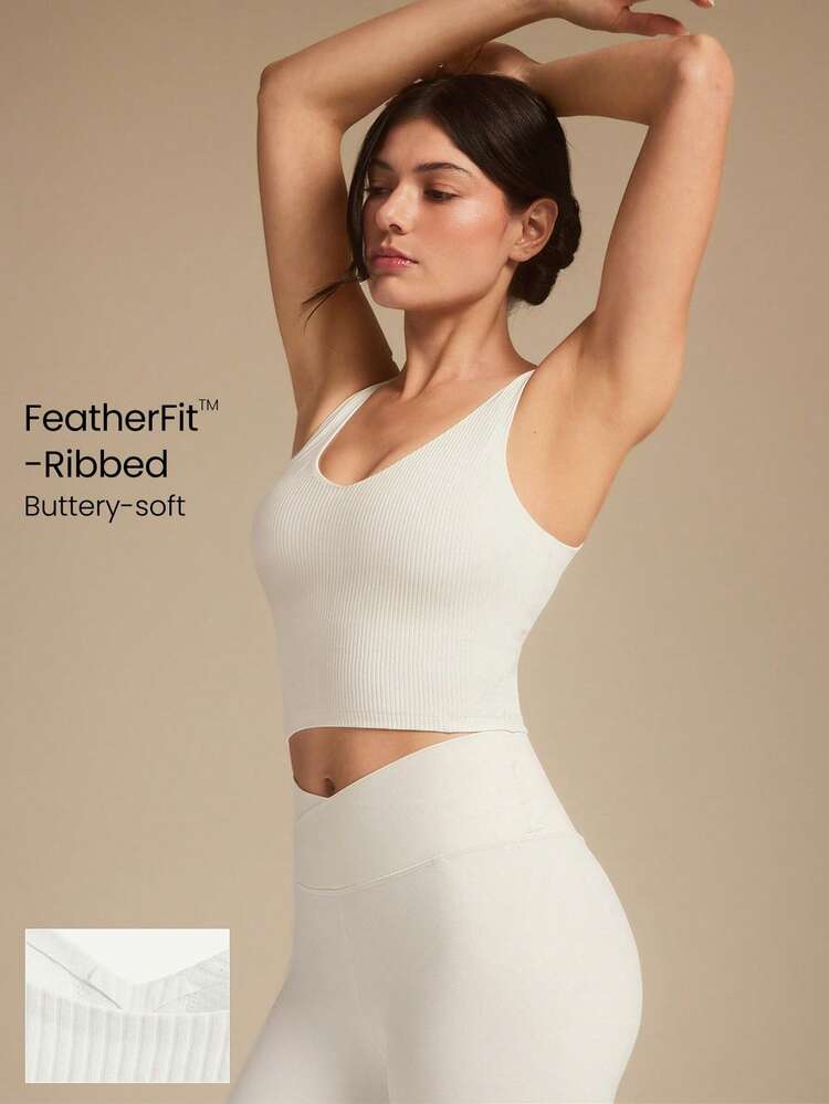 FeatherFit™-Ribbed Fresh Start Buttery-Soft Stretchy Bonding Flattering Seam Crop Tank Top Bra Low Impact Yoga Pilates Studio Gym Daily Casual Wear Removable Cups