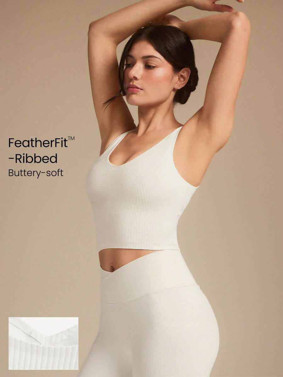 GLOWMODE FeatherFit™-Ribbed Fresh Start Buttery-Soft Stretchy Bonding Flattering Seam Crop Tank Top Bra Low Impact Yoga Studio Gym Daily Casual Wear Removable Cups