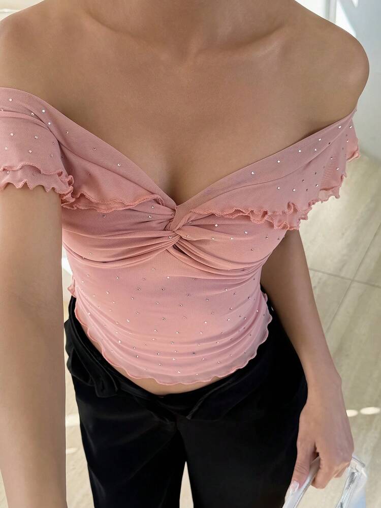 Spring & Summer Pink Off Shoulder Top, Solid Color Design Twist Knot Ruffle Hem Cropped Blouse, Suitable For Valentine's Day, Wedding, Party, Formal Occasion, Fashion Cocktail, Elegant Office Wear Women's Short Sleeve T-Shirt