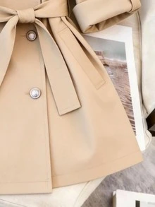 GlowEve Fashionable Lapel Raglan Sleeve Trench Coat With Tie Waist And Metal Buttons, Elegant Commuter Jacket, Khaki, Spring/Autumn New Style Midi Windbreaker