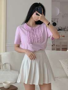DAZY Women's Casual Frill Trim Fitted T-Shirt, Stylish For Dates, Spring/Summer - Purple - View 4