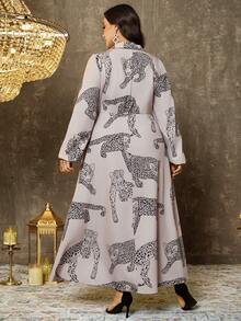 EMERY ROSE 大码女式休闲简约长袖连衣裙，日常穿着连衣裙，女式长袖豹纹连衣裙，女式设计师连衣裙，图案女式连衣裙，女式长款连衣裙，优雅女式连衣裙 - 杏色 - 查看 2