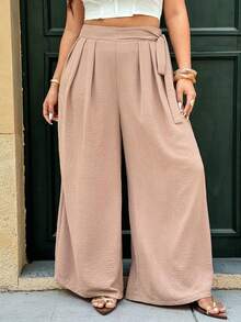 Vionelle Plus Size Waist Tie Wide Leg Pants,Women's High Waist Baggy Trousers,Chocolate Brown,Autumn,Smart Casual,Vacation,Holiday,Boho Wrap Around Loose Pants - Khaki - View 3