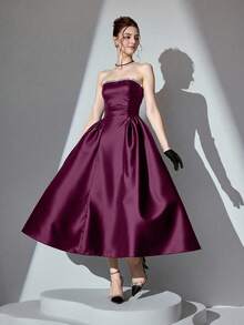 Poshira Women's Solid Color Rhinestone Decor Ruched Bandeau Formal Gown (Heavily Embellished) - Burgundy - View 1