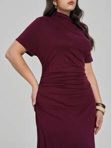 Maija Plus Size Women Burgundy Solid Stand Collar Short Sleeve Ruched Pleated Elegant Maxi Dress, Summer Wedding Party Beach Vacation Casual Outfit - Brown - View 7
