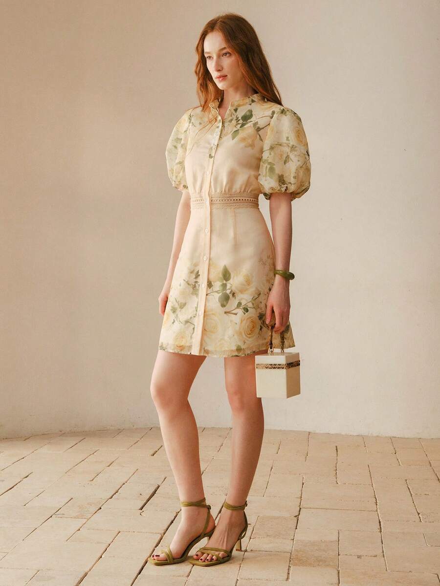 MOTF PREMIUM 女士碎花泡泡袖连衣裙 - 黃色 - 查看 1