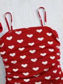 SHEIN 1pc Heart Print Ruffle Elegant Party Dress With 1pc Hair Scrunchie For Young Girls