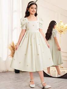 Tween Girl Elegant Pearl Embellished Square Neck Gigot Sleeve Ruffle Hem Woven Apricot Textured Dress, Suitable For Weddings, Parties, Birthdays, Gatherings - Apricot - View 3