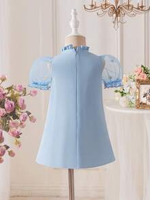 SHEIN 女婴休闲舒适蝴蝶领泡泡袖连衣裙 - 藍色 - 查看 2