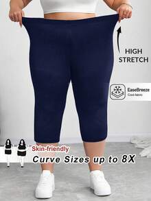 SHEIN CURVE+ 加大码女士黑色运动套装，紧身高弹七分裤，夏季/乡村/海滩度假装/沙滩装/沙滩服饰 - 藏蓝色 - 查看 10