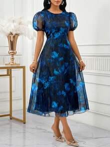 SHEIN Lady 女士极简印花泡泡袖连衣裙 - 彩色 - 查看 5