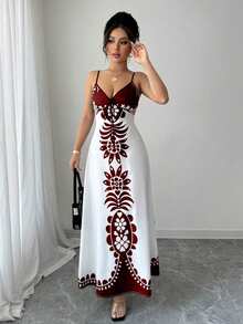 Rafferiza Petite 印花V领性感宽松吊带连衣裙 - 紅白色 - 查看 6