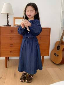 DAZY 2件套 女童（小号）休闲圆领长袖韩版衬衫和裙子套装 - 藍色 - 查看 3