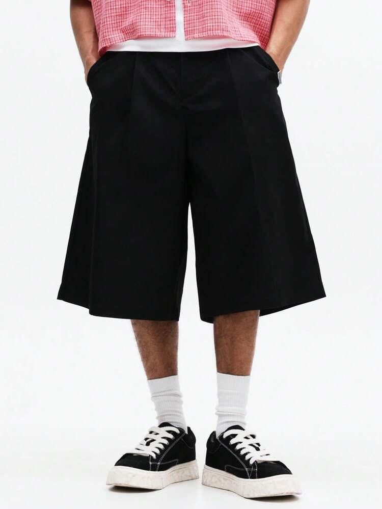 SUMWON Relaxed Fit Wide Leg Pleated Tailored Jorts Casual Knee Length Denim Shorts Summer Spring